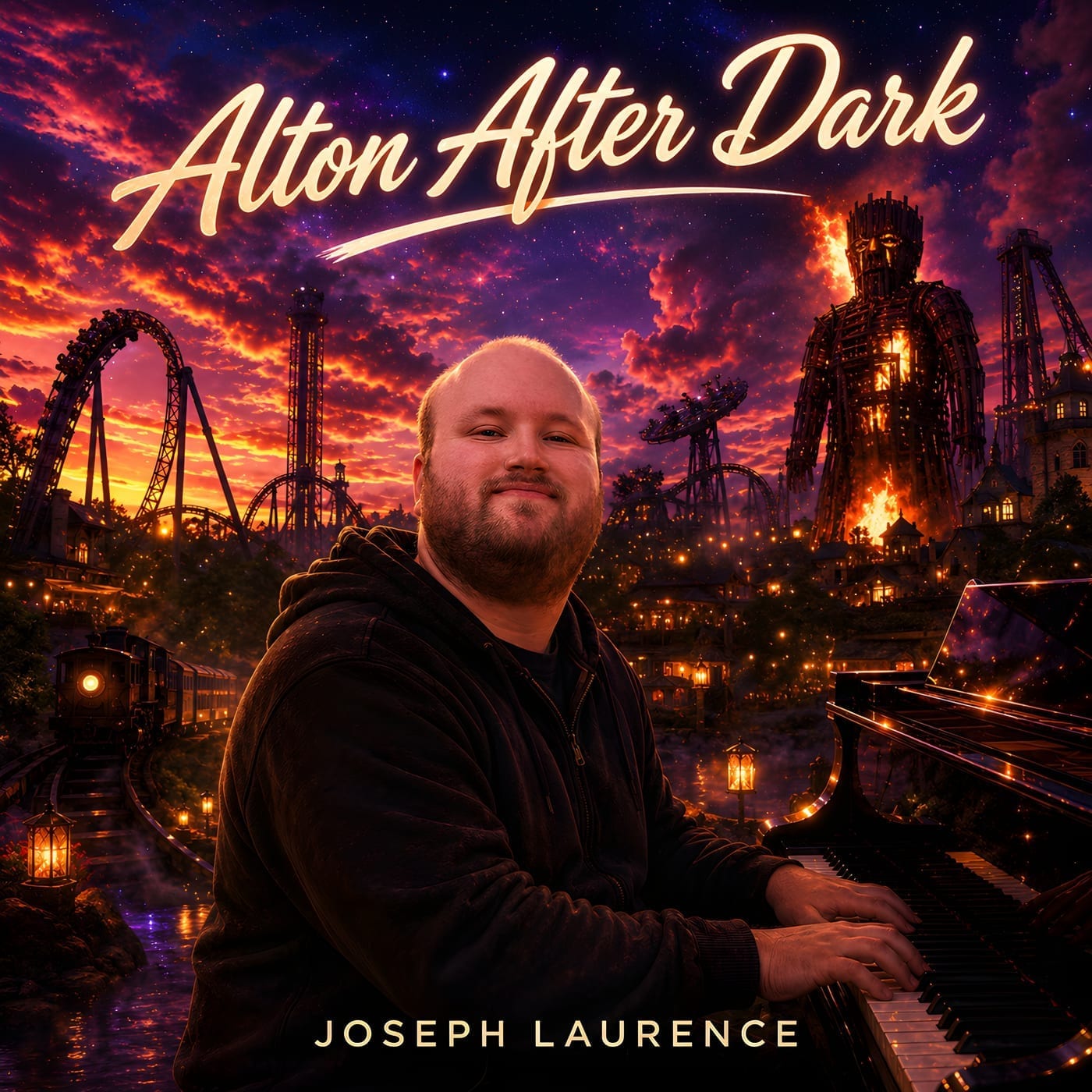 Alton After Dark by Joseph Laurence - Album cover: the artist at a grand piano before a twilight Alton Towers, the Wicker Man ablaze against a violet and fire sky