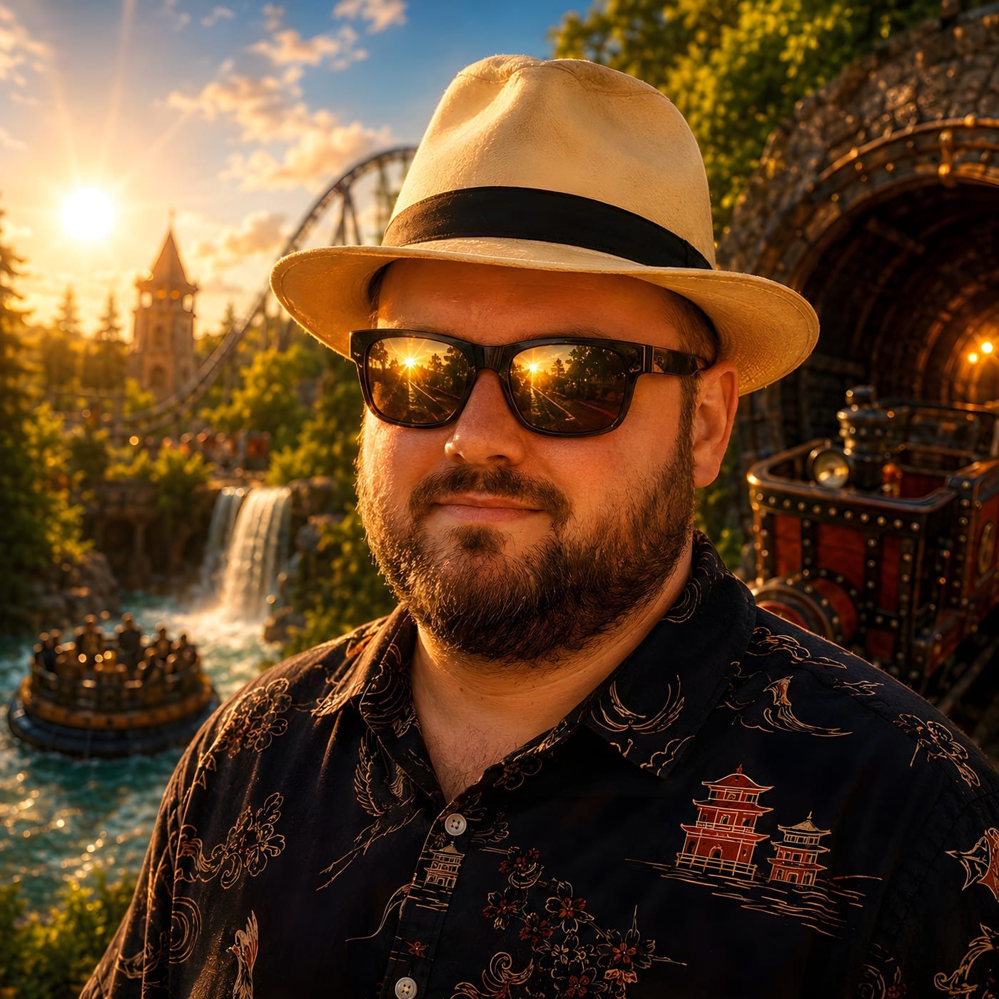 Joseph Laurence at a theme park at golden hour